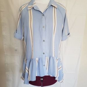 OPHELIA ROE striped hi low ruffle button down top S